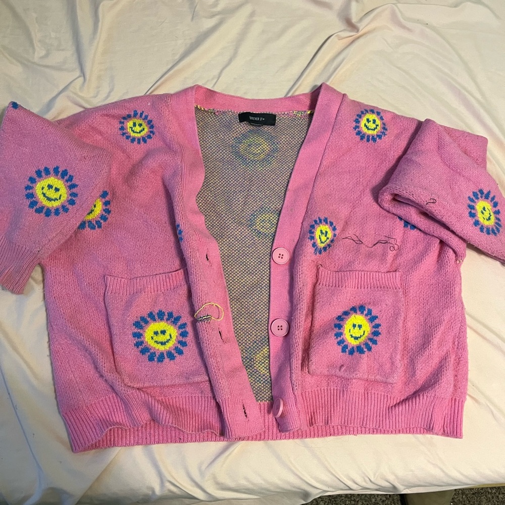 Pink Cardigan with Smiley Face Design